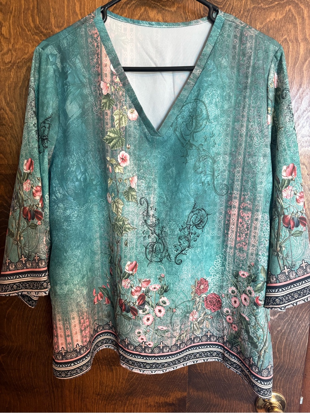 Floral V-Neck Tunic Top - Teal & Pink
